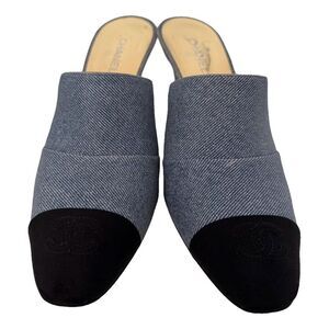 Chanel CC Logo Lambskin Grosgrain Cap Toe Mules Heels Denim & Black EU 38 US 8